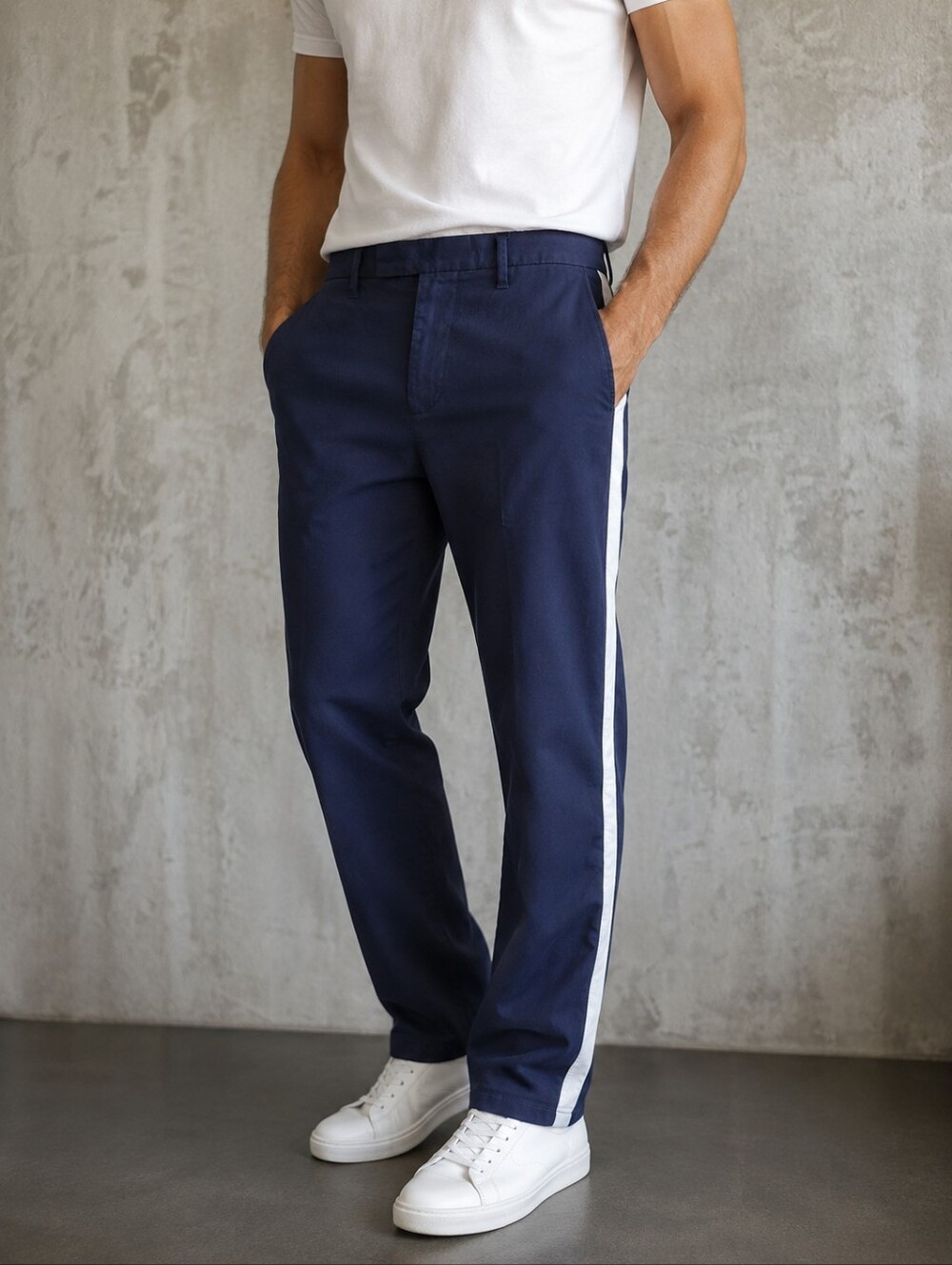 DKNY Chino Pants Mens 34x32 Navy Blue Side Stripe Stretch Casual Preppy Modern